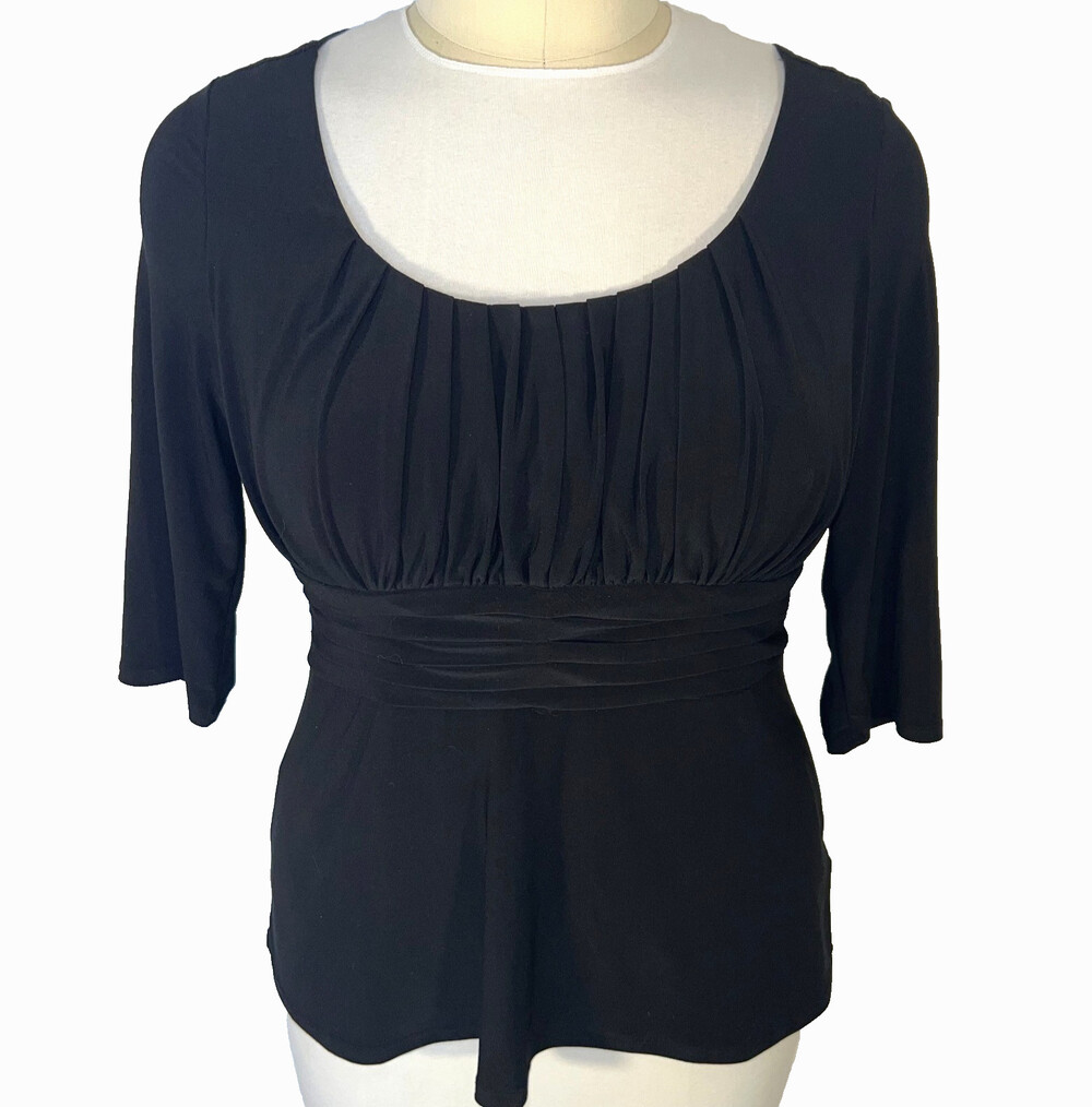 Danny & Nicole Blouse Womens Size 18 Black Peplum Stretch 3/4 Sleeve Gathered